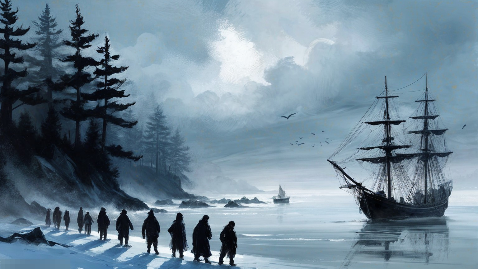 Silhouetted Figures on Misty Shoreline with Ship