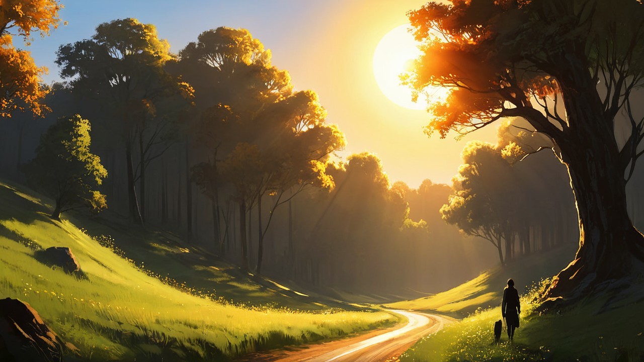 Serene Landscape with Winding Path and Sunset Light