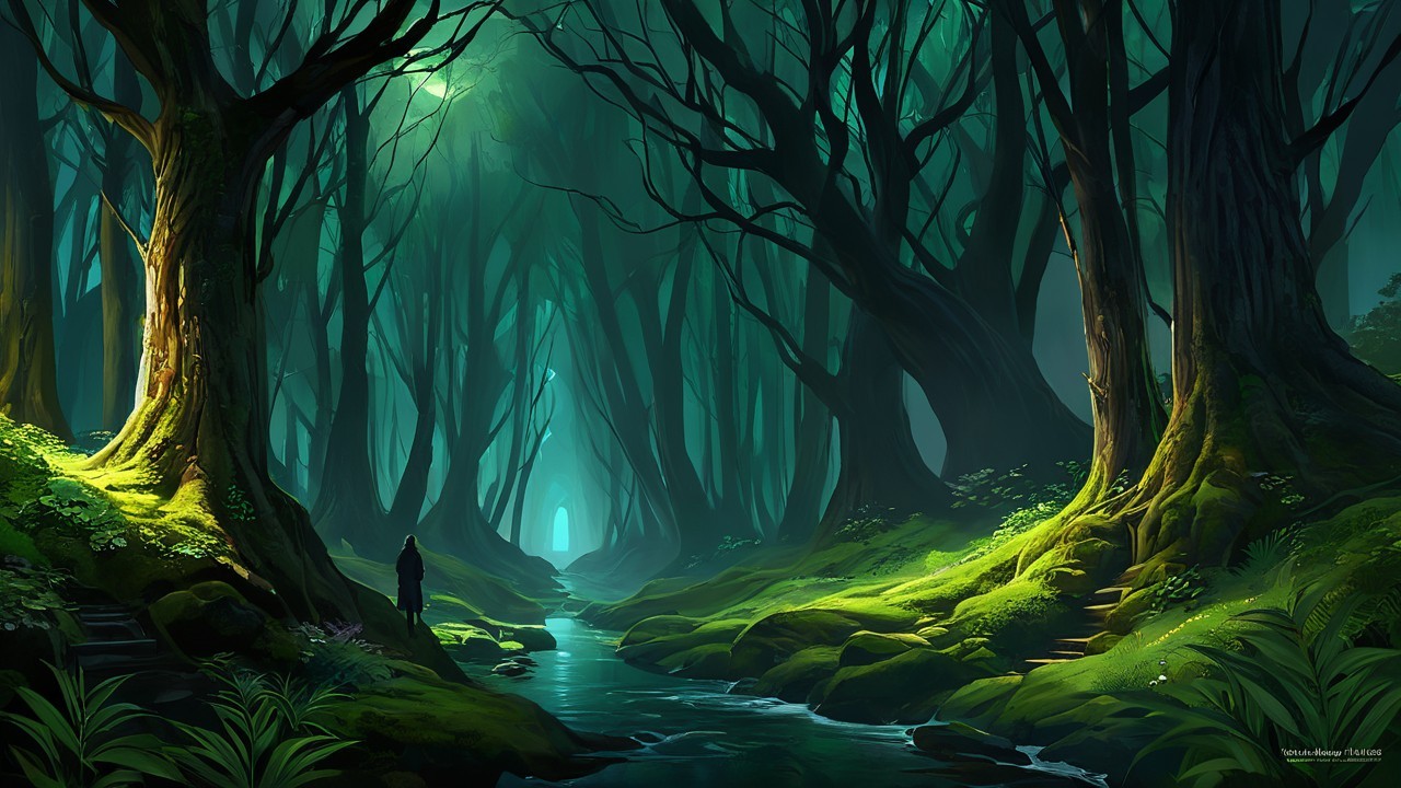 Mystical forest with glowing portal and serene stream