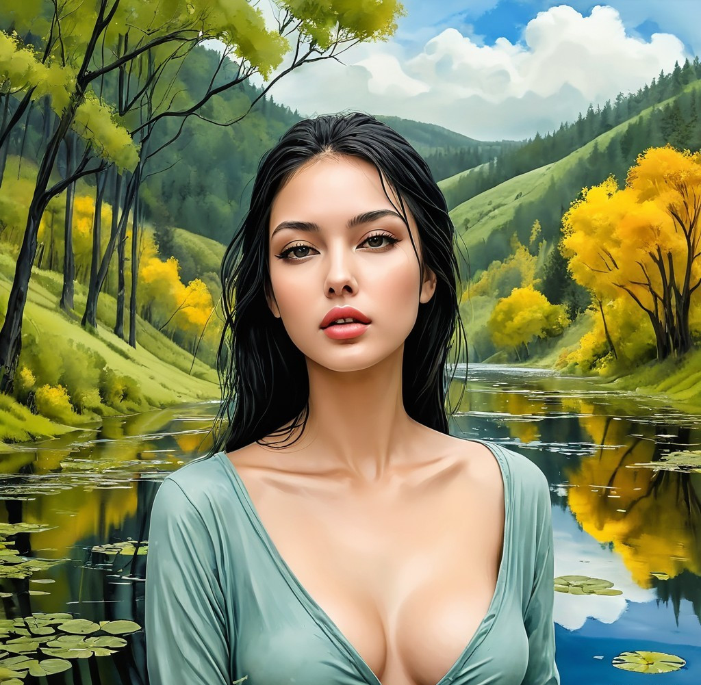 Tranquil River Landscape with Thoughtful Woman Portrait