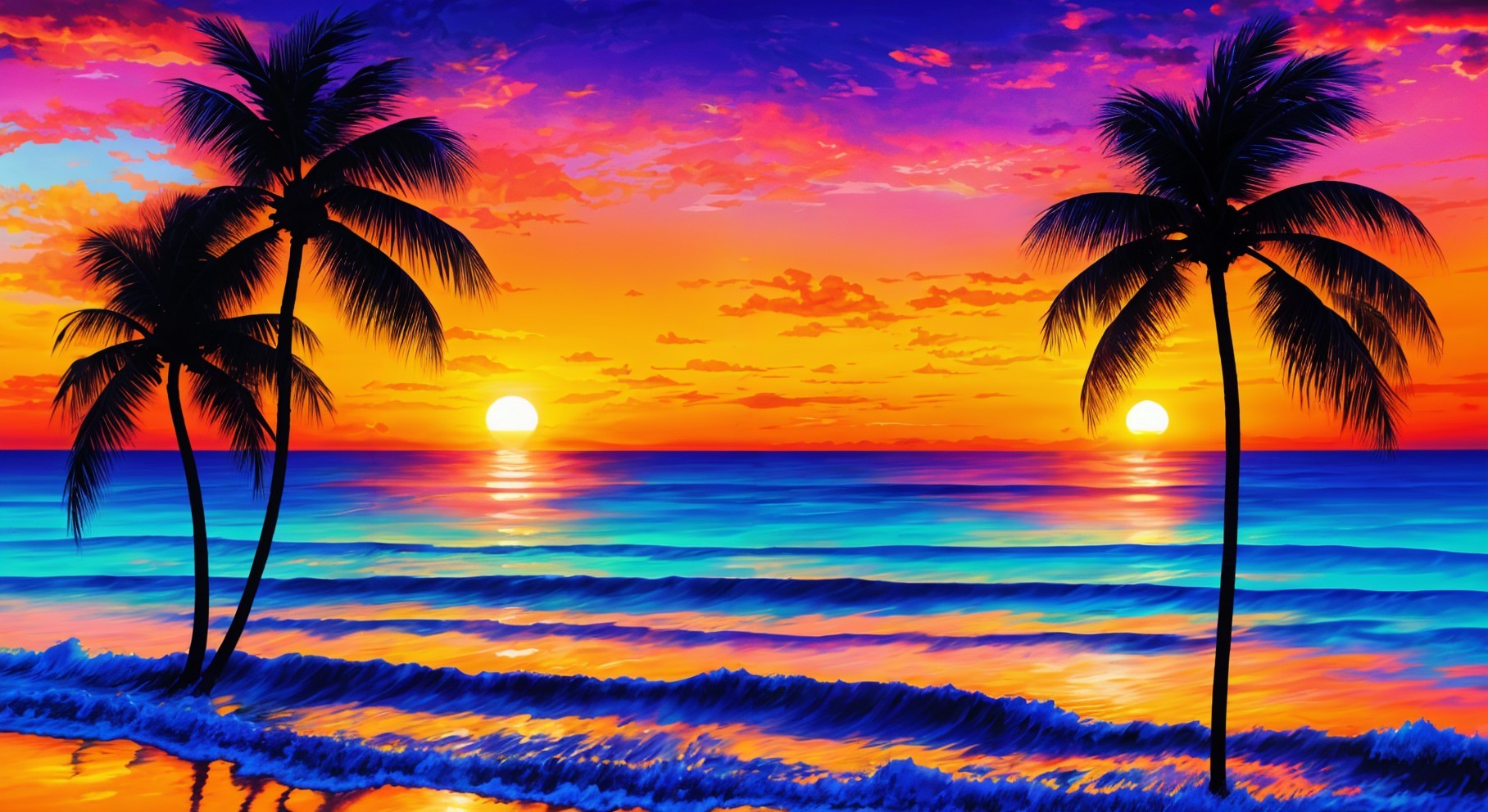 Vibrant Sunset Over Ocean with Silhouetted Palm Trees