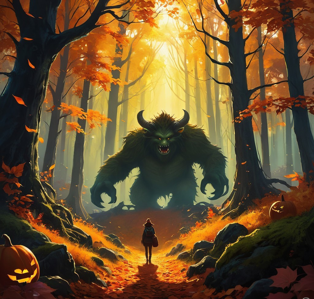 Mystical Forest Scene with Creature and Pumpkins