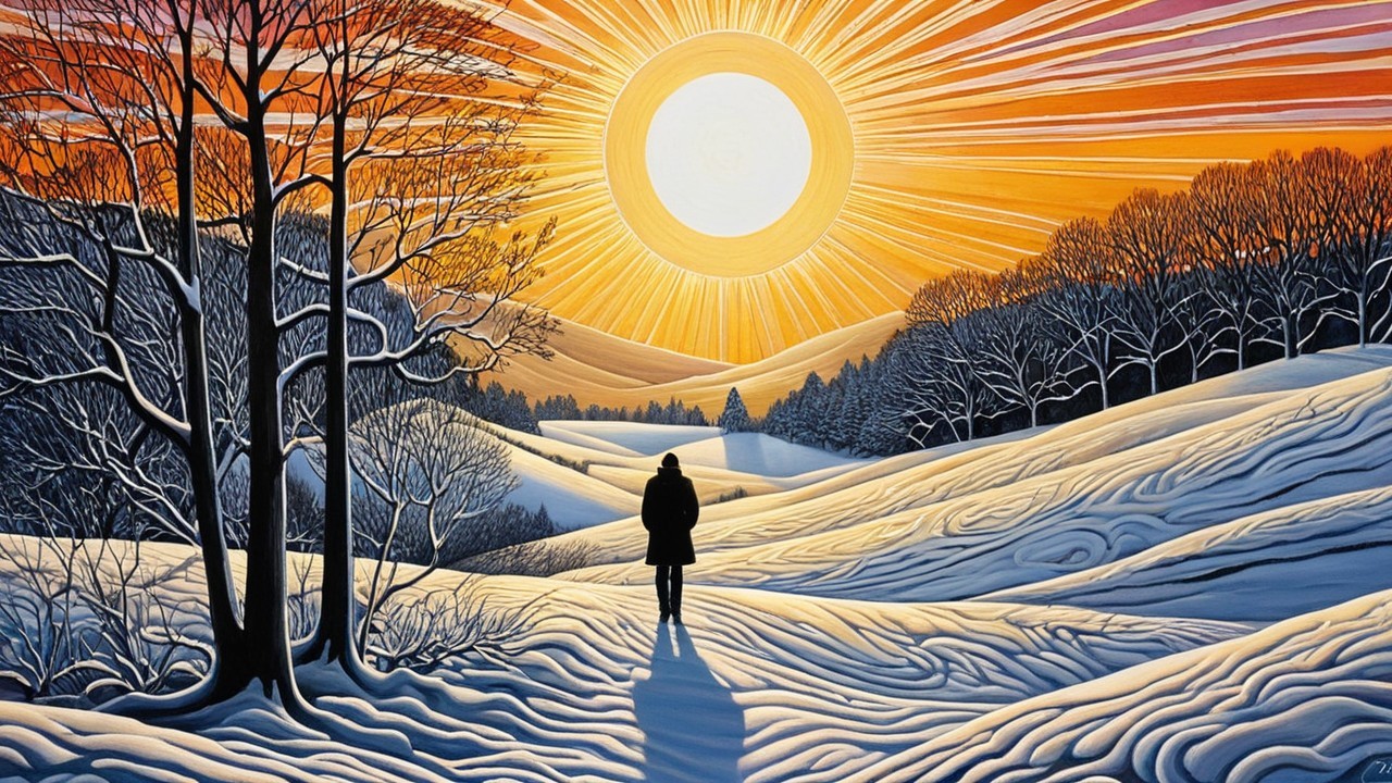 Winter Sunrise Landscape with Snowy Field and Hills