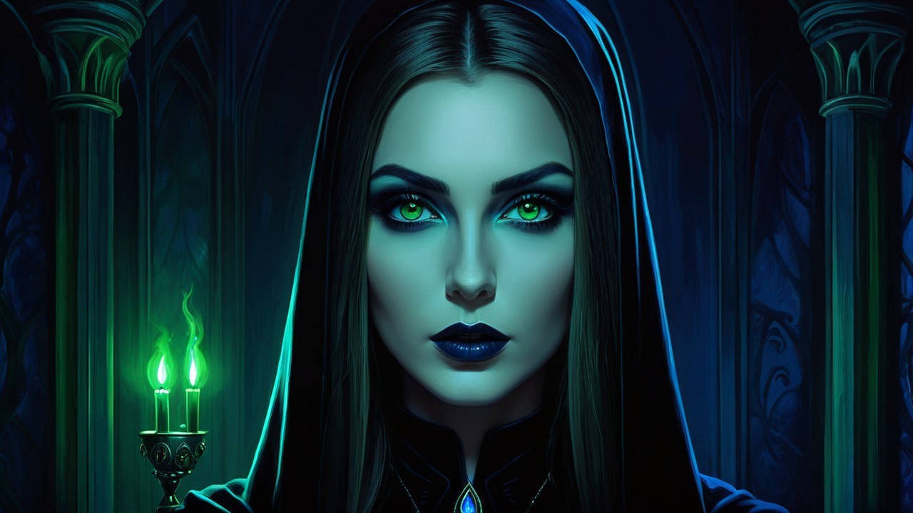 Mysterious Figure with Green Eyes and Dark Lips
