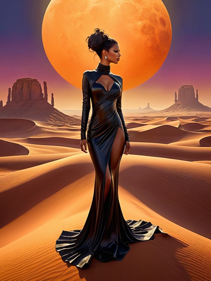 Elegant figure in black gown against glowing orange moon