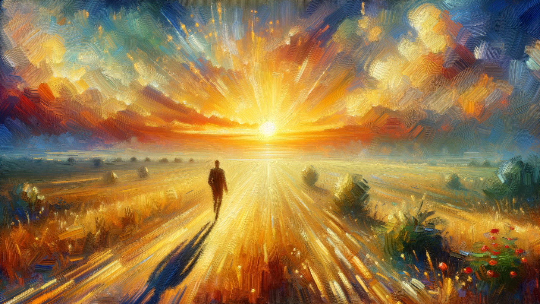 Vibrant Sunrise Landscape with Solitary Figure