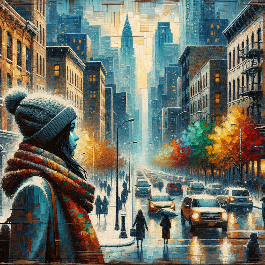 Urban Scene with Woman in Hat and Colorful Scarf