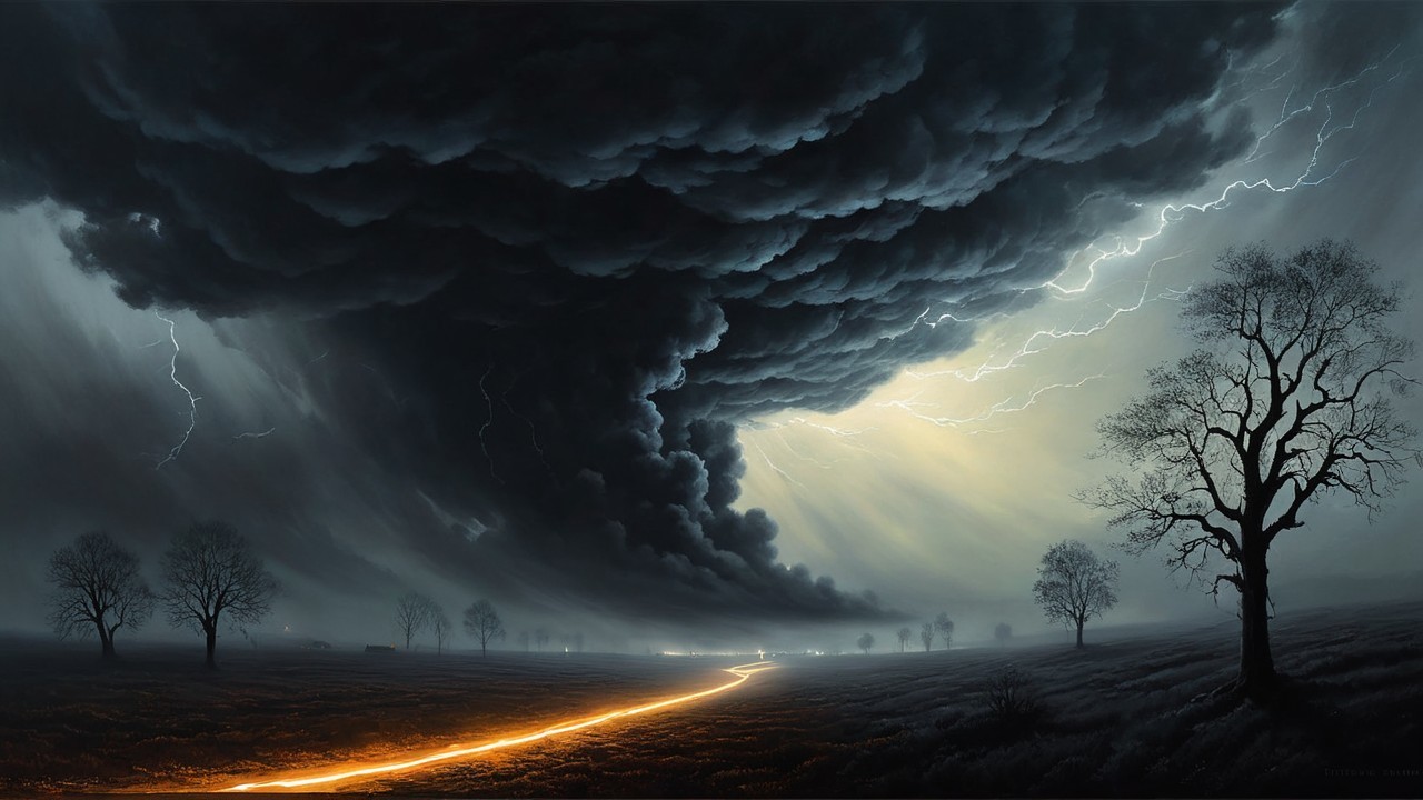 Dramatic landscape with thunderstorm and barren field