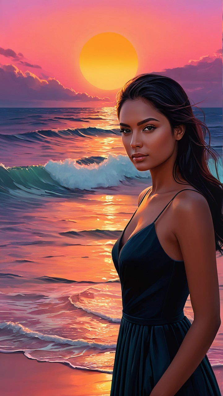 Serene sunset over ocean with woman in black dress