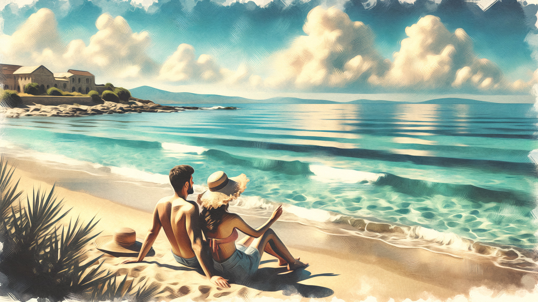 Couple on Beach with Calm Sea and Blue Sky