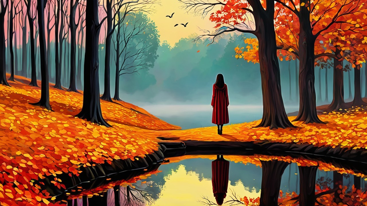 Autumn Landscape with Figure by Tranquil Lake