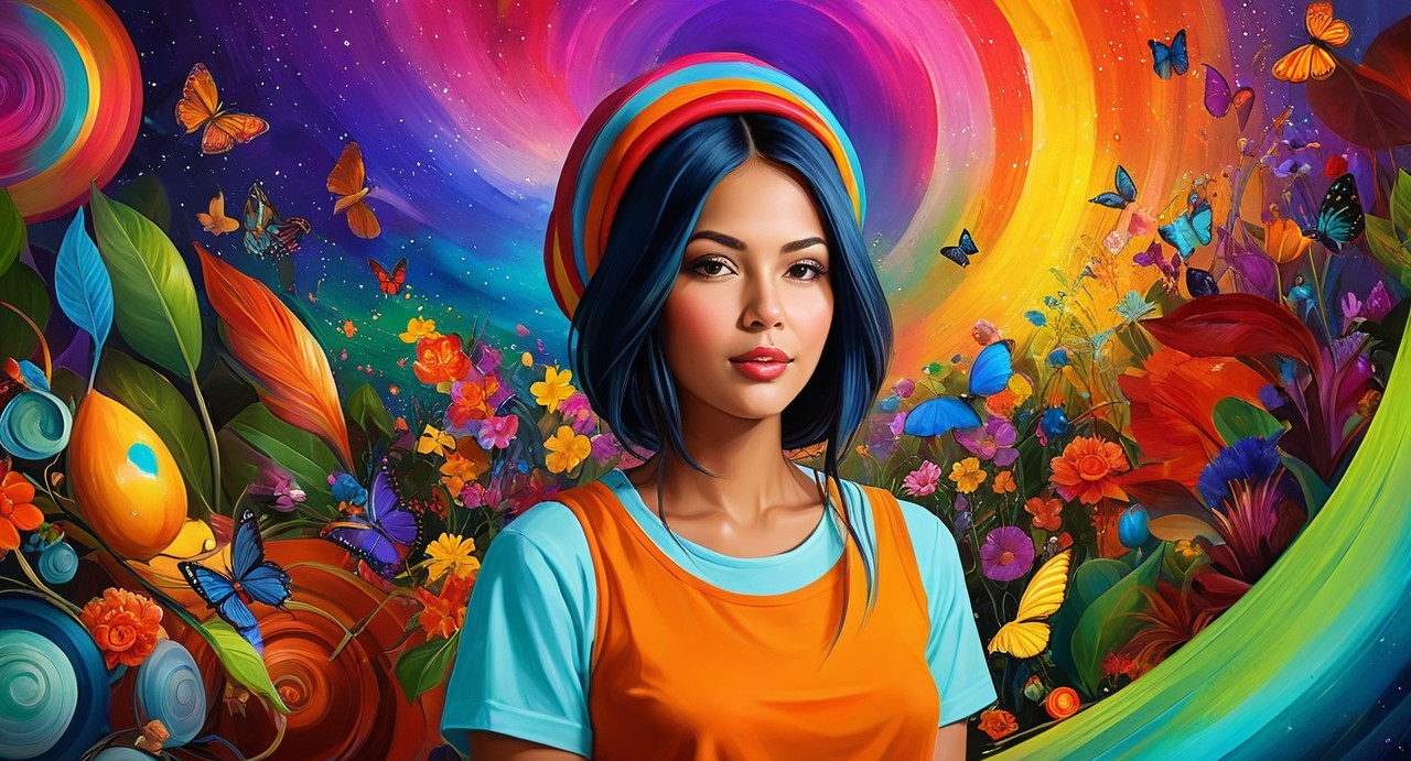 Colorful Artwork of Woman with Blue Hair and Butterflies