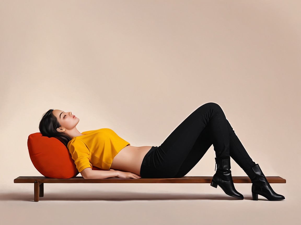 Woman in Yellow Top on Bench with Red Pillow