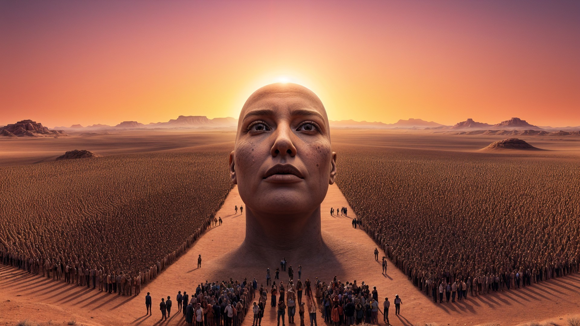 Serene Female Head in Desert Landscape at Sunset