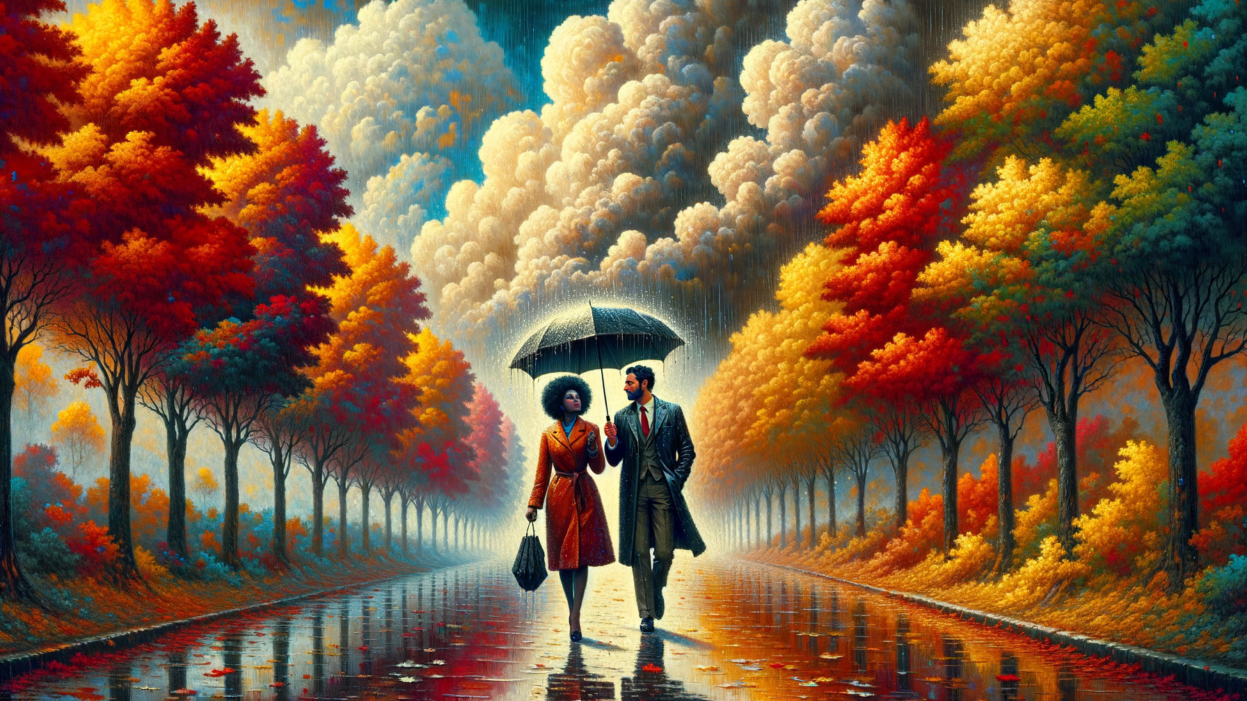 Couple Walking in Autumn Foliage on Rainy Path