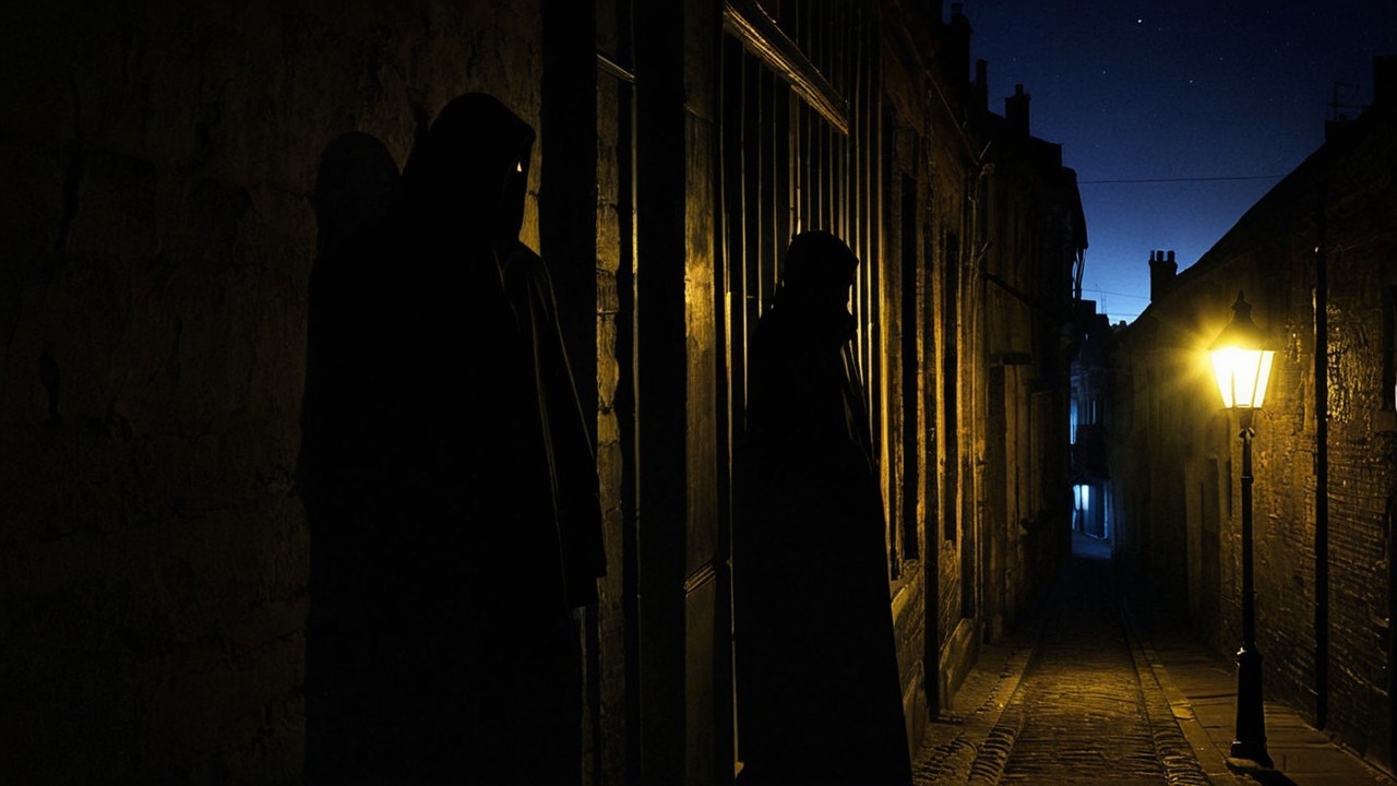 Cloaked Figures in a Dimly Lit Cobblestone Alley