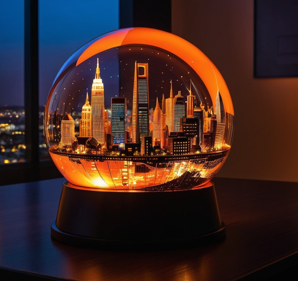 Glowing Snow Globe with Vibrant Cityscape at Night