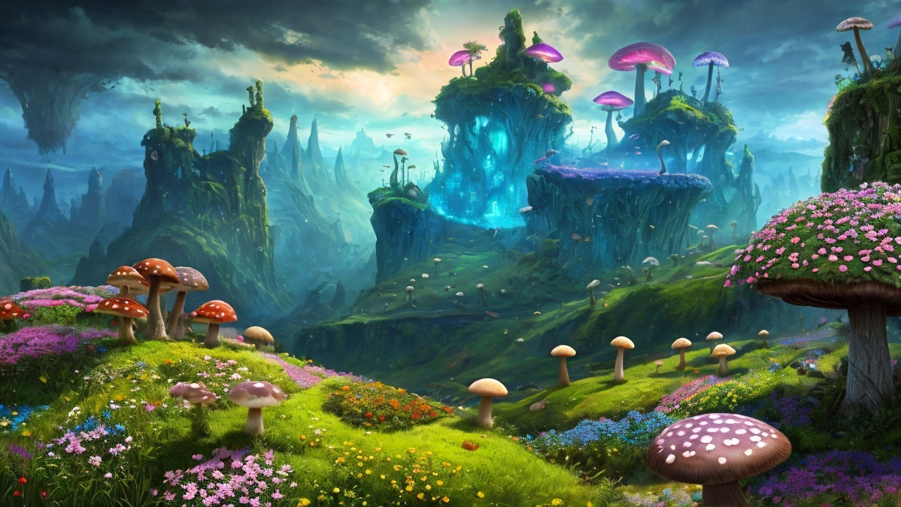 Vibrant Fantasy Landscape with Colorful Mushrooms