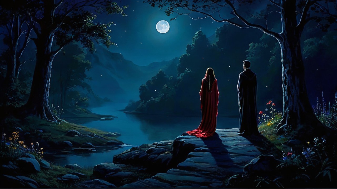 Couple by Tranquil River Under Full Moonlight
