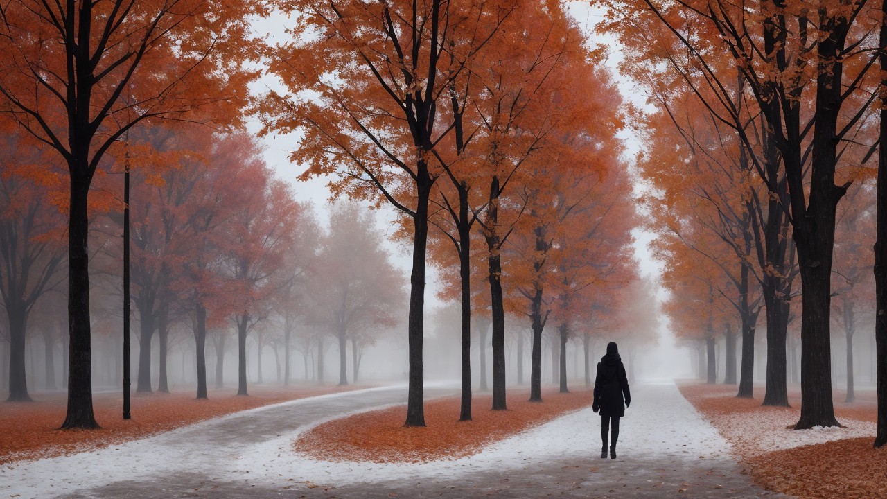 Foggy Park Path in Autumn with Vibrant Trees