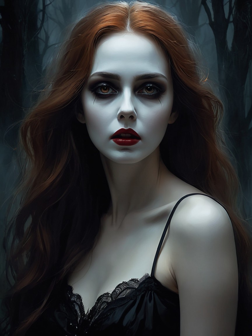 Mysterious Figure with Red Hair in Dark Forest