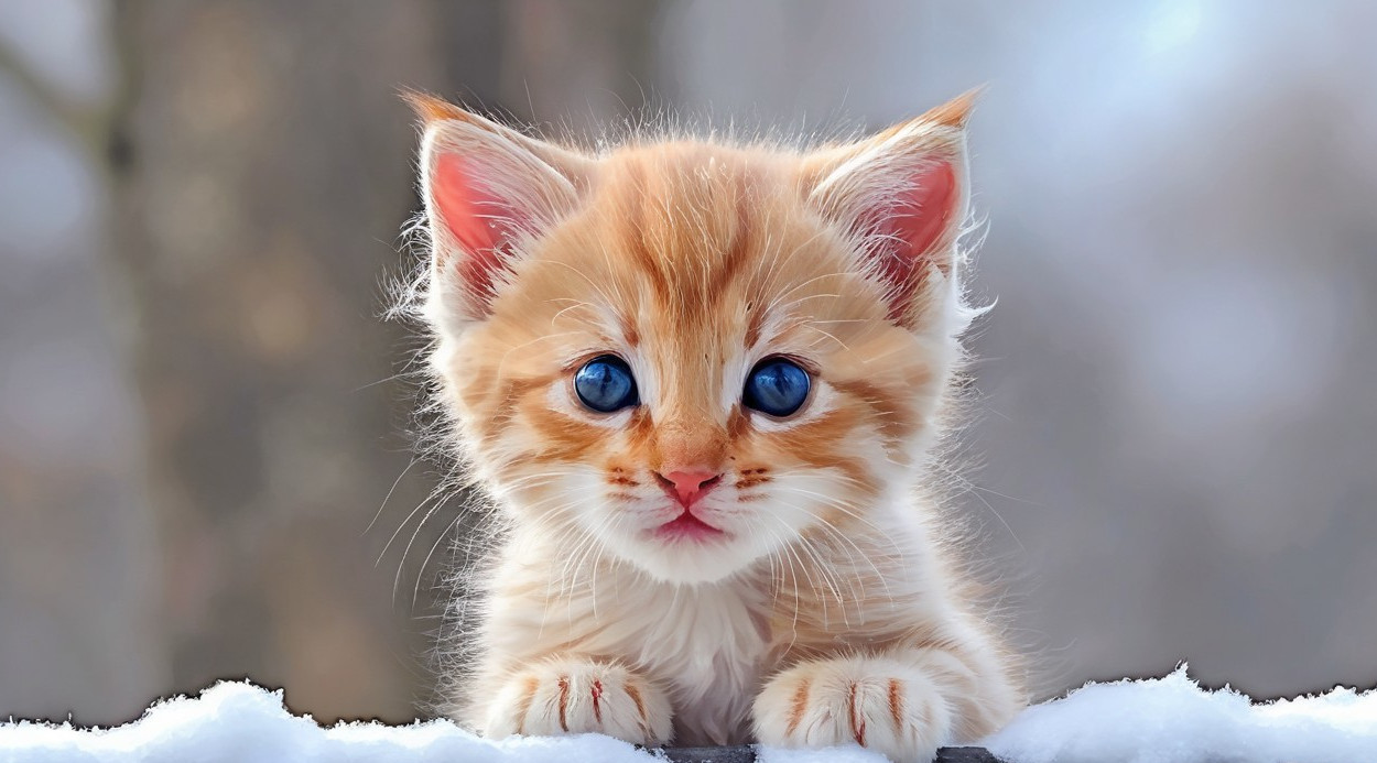 Fluffy Orange Tabby Kitten in Snowy Winter Scene