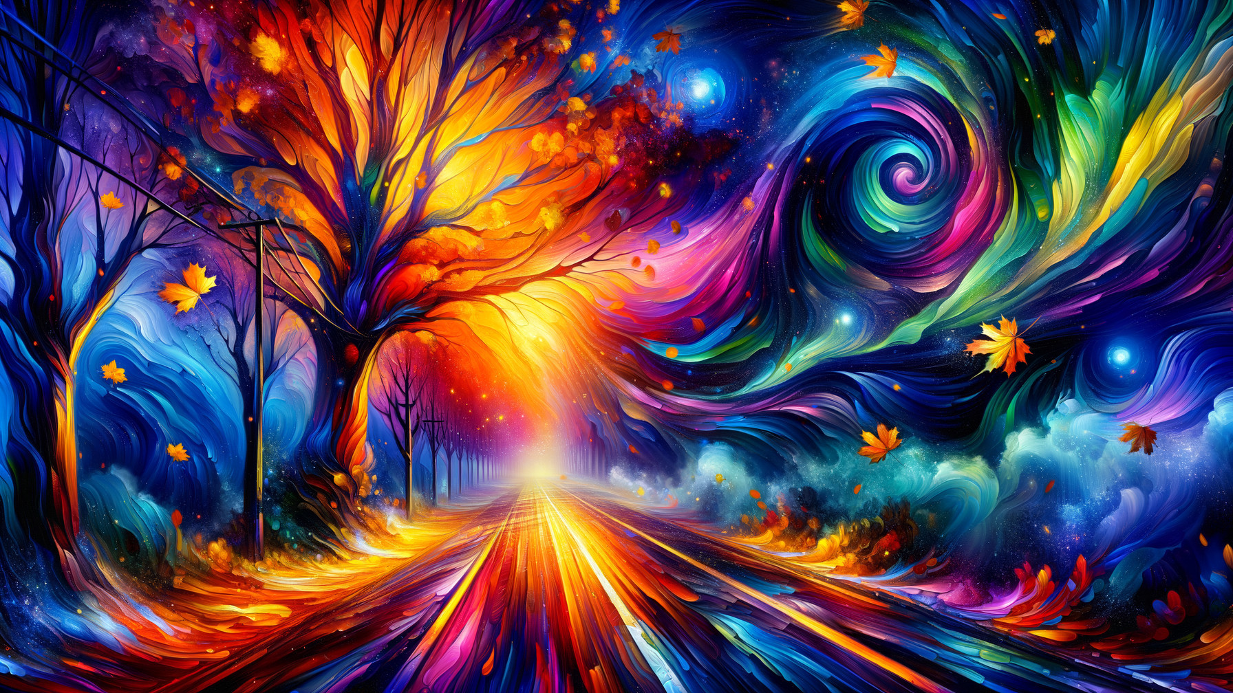 Vibrant Autumn Landscape with Cosmic Sky Elements