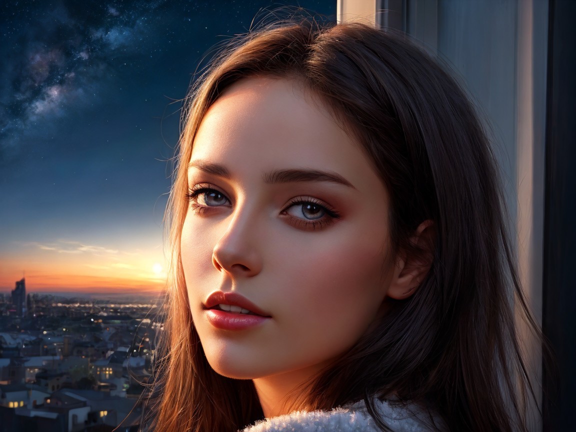 Young Woman Contemplating Sunset Through Window