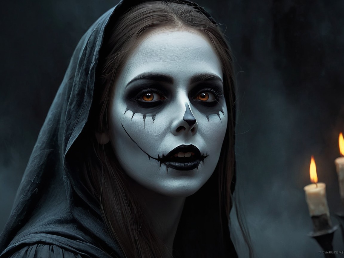 Cloaked Figure with Skull Makeup and Eerie Ambiance