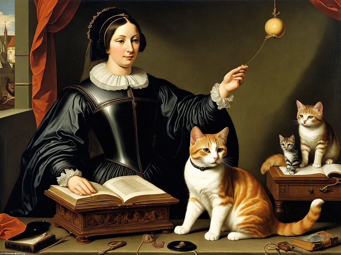 Woman in Elegant Dress with Cats and Scenic View