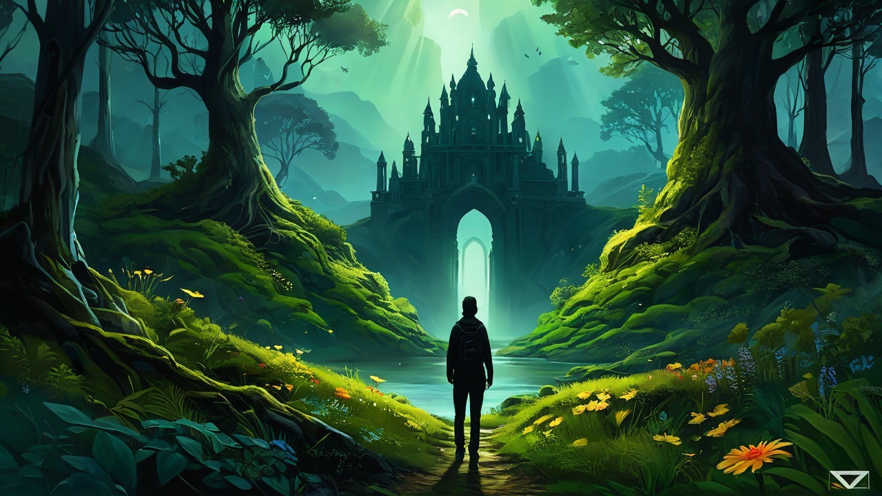 Lone Figure Overlooking Lush Landscape and Castle