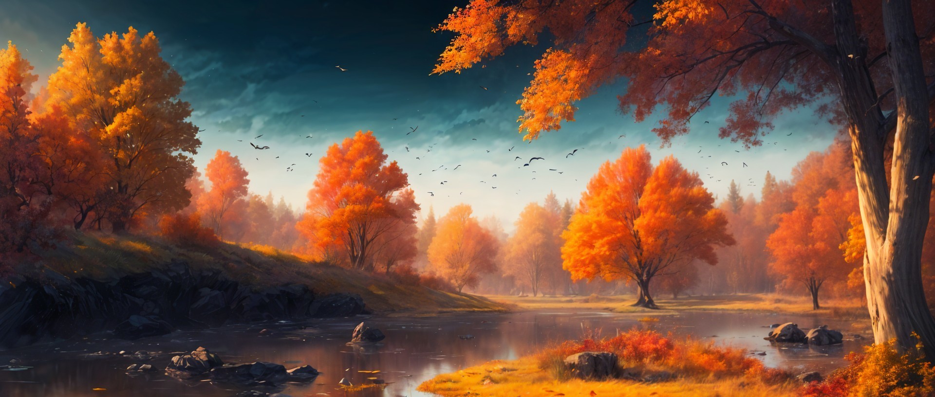 Autumn Landscape with Vibrant Trees and Calm River