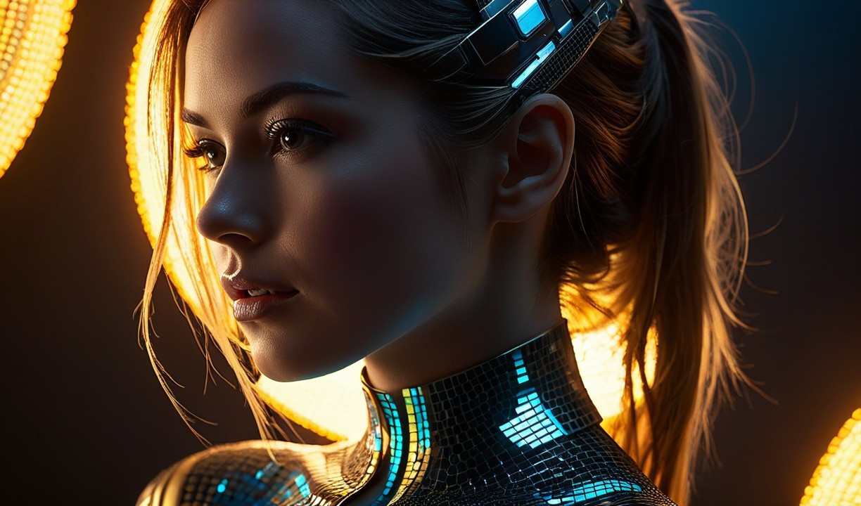 Close-Up of Woman in Futuristic Shimmering Bodysuit