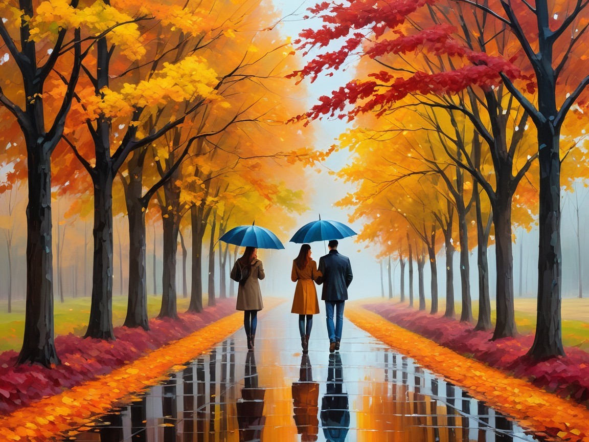 Autumn Scene with Umbrellas on a Tree-Lined Path