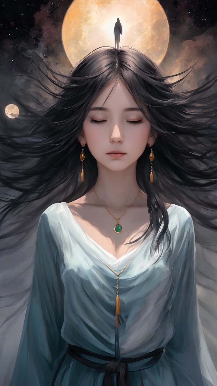 Spiritual Fantasy Character Meditating Under Full Moon