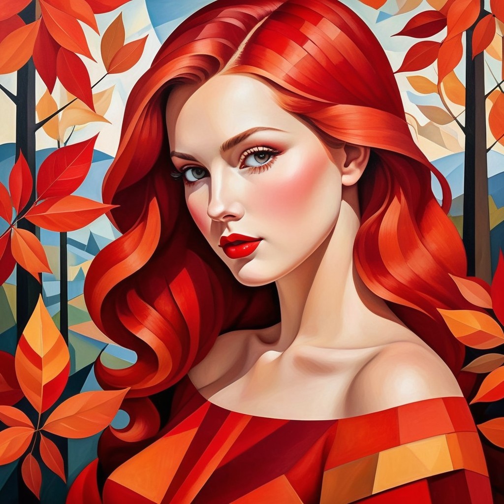 Young woman with red hair among autumn leaves