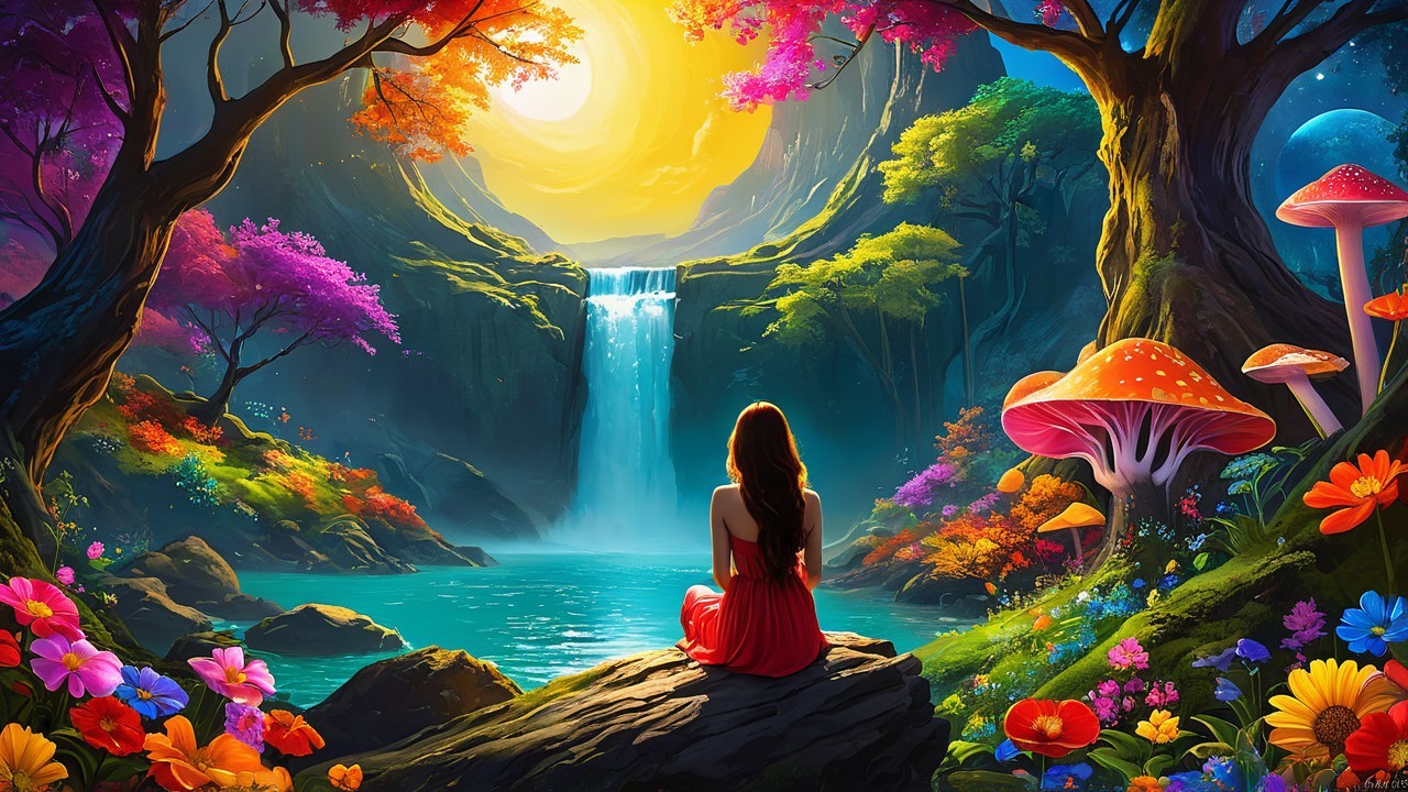 Serene Woman by Turquoise Waterfall in Fantasy Landscape