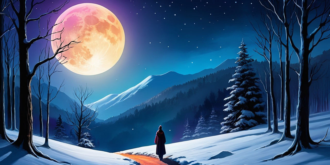 Lone Traveler on Amber Path in Snowy Forest Scene