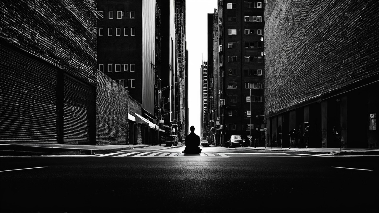 Solitary Figure in Deserted Urban Street Scene