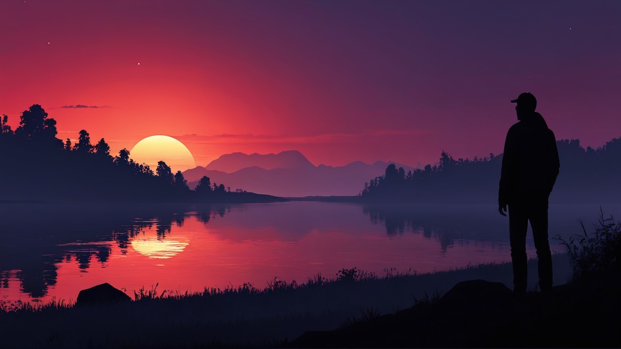 Serene sunset over a tranquil lake with mountains