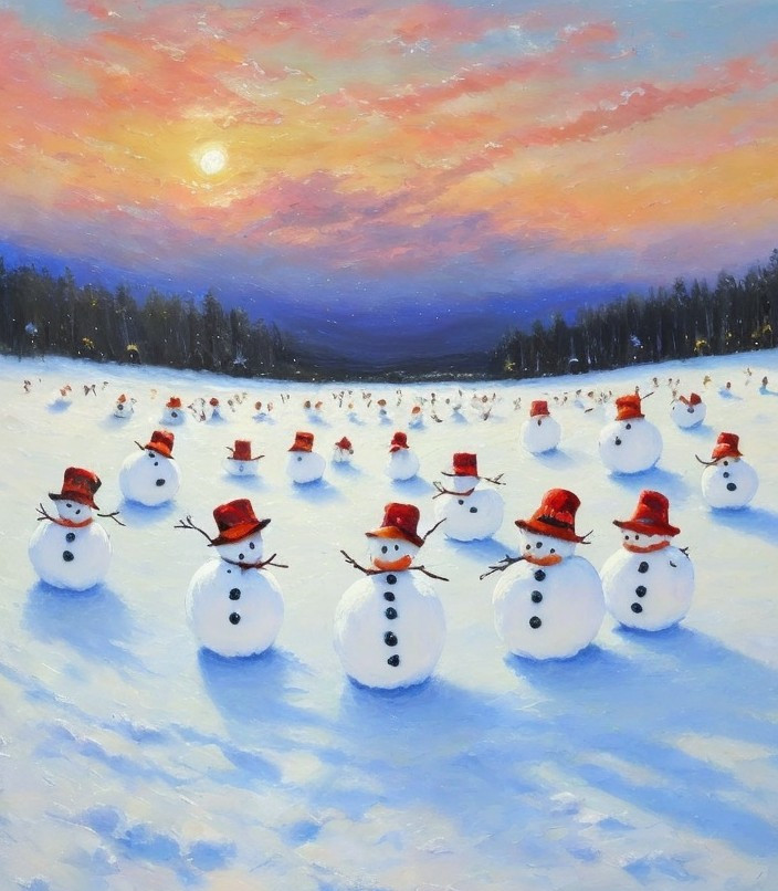 Snowmen with Red Hats and Scarves in Snowy Landscape