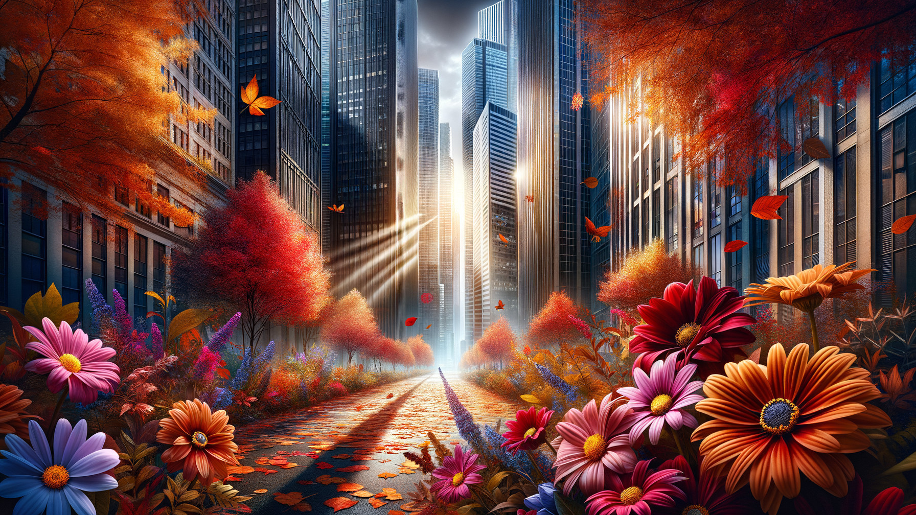Autumn Cityscape with Colorful Flowers and Skyscrapers