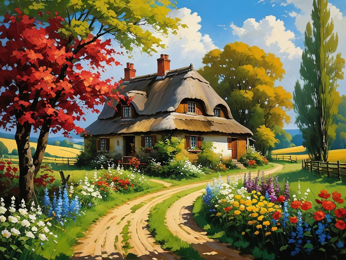 Quaint Cottage Surrounded by Vibrant Flower Gardens