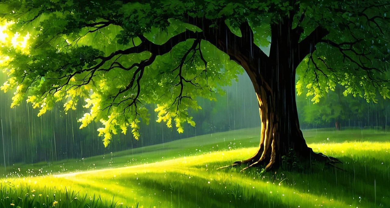 Majestic tree in a serene green meadow with sunlight
