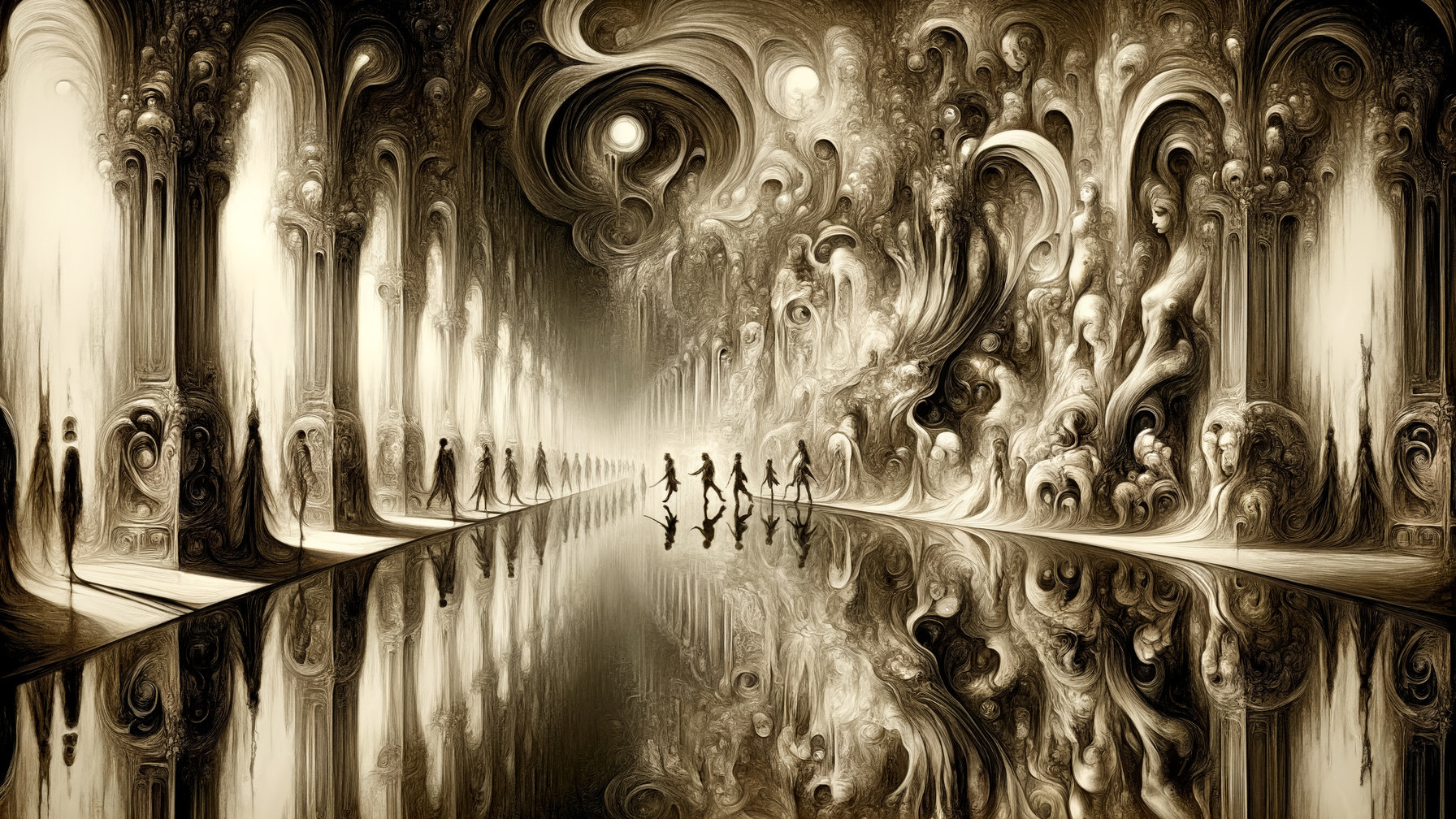 Reflective Hallway with Twisted Pillars and Figures