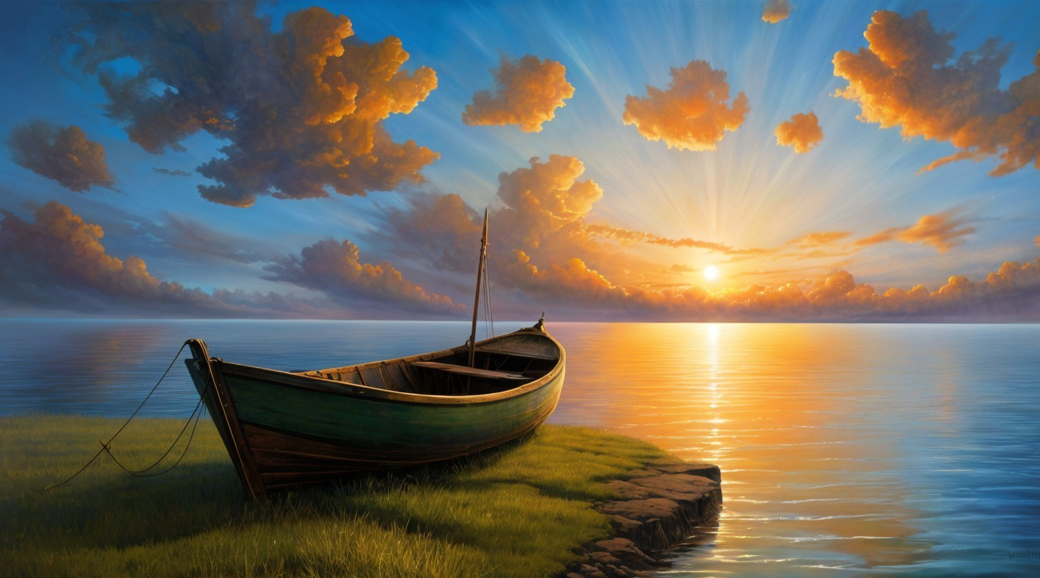 Serene Sunset Landscape with Wooden Boat and Calm Waters