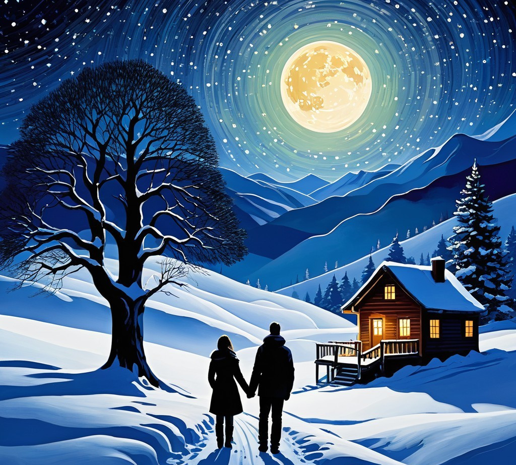 Winter Landscape with Couple and Cozy Cabin