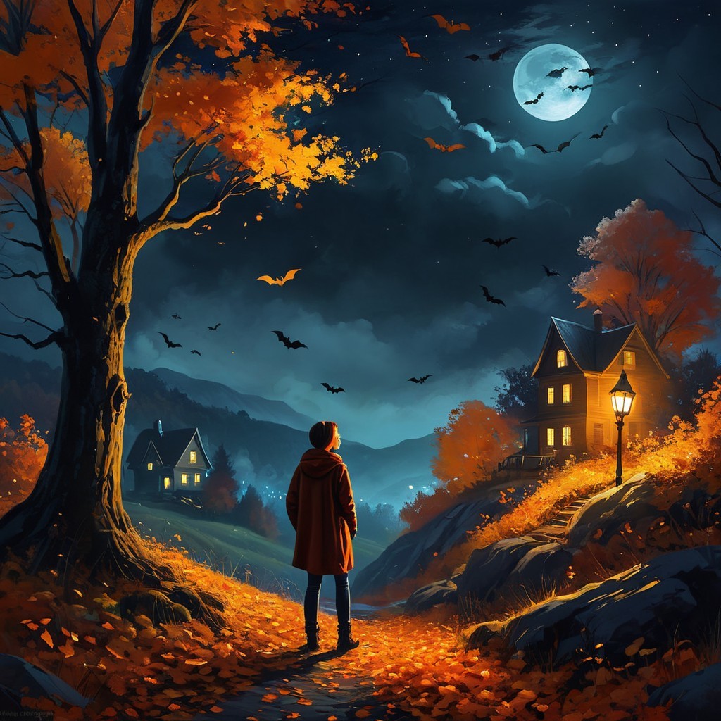 Autumn Night with Cloaked Figure and Glowing Houses