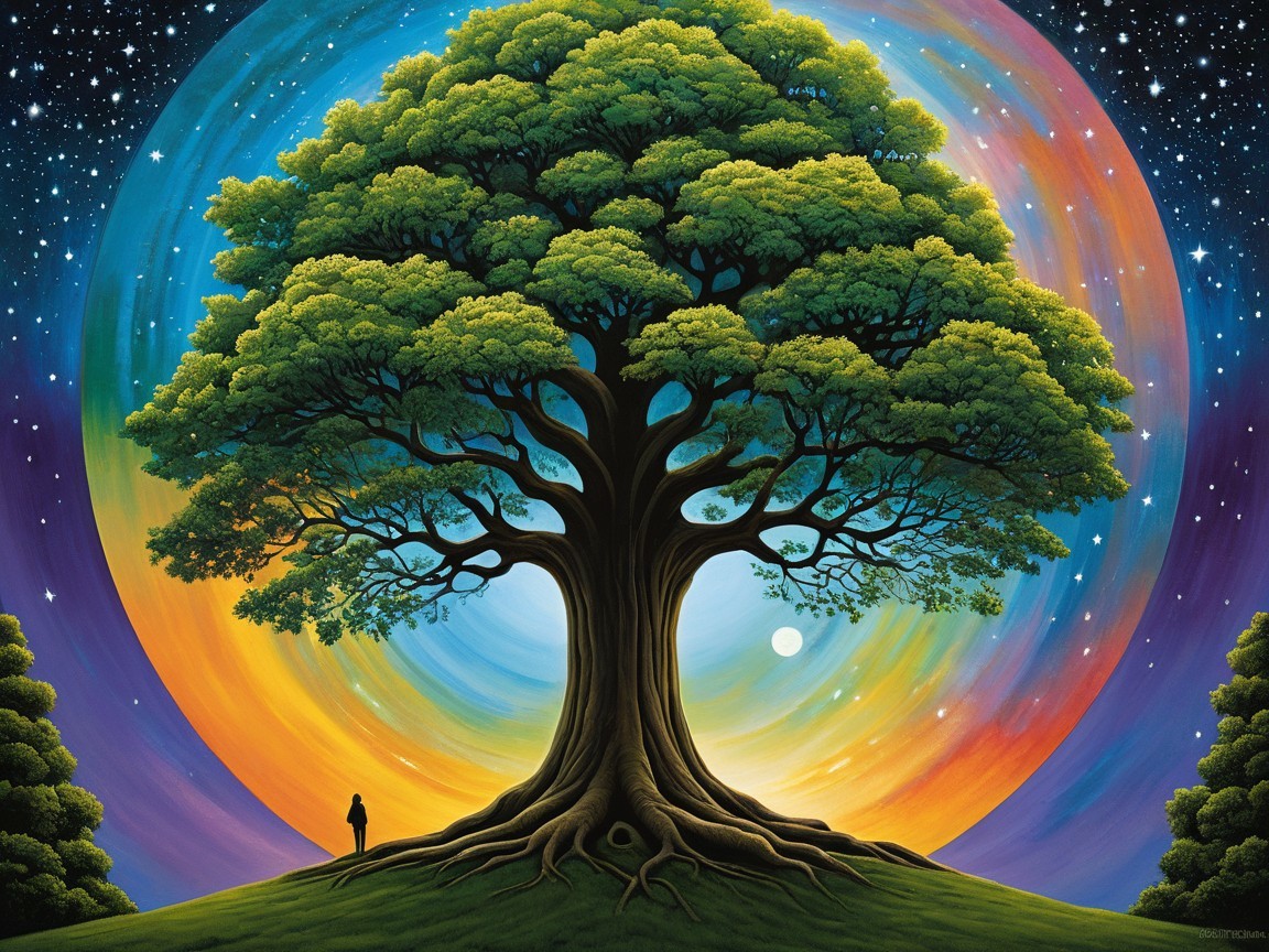 Majestic tree against vibrant cosmic backdrop