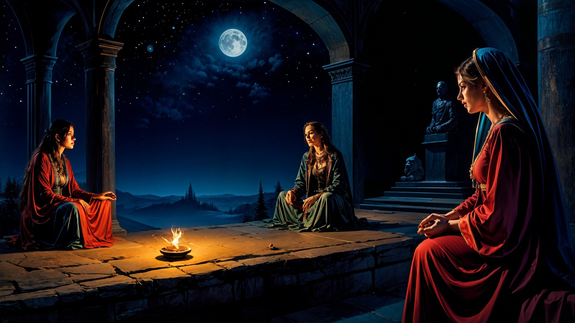 Women in Vibrant Robes by Moonlit Fire Setting